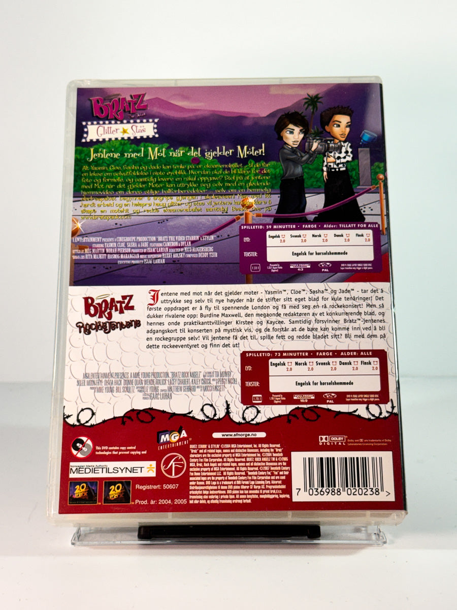 Bakside av cover til bratz glitter og stas rockejentene, bruktfilm hos nettbutikken Brukbar Film