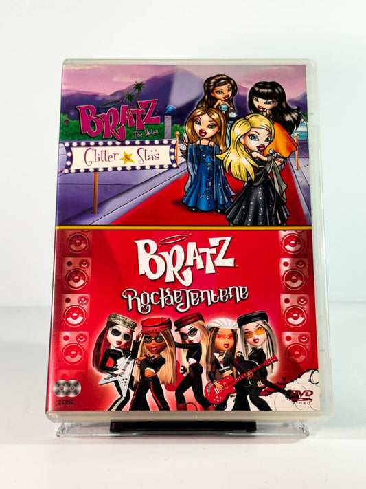 Forside av cover til bratz glitter og stas rockejentene, brukt DVD hos Brukbar Film