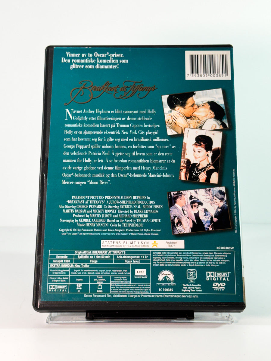 Bakside av cover til breakfast at tiffanys, bruktfilm på DVD hos Brukbar Film