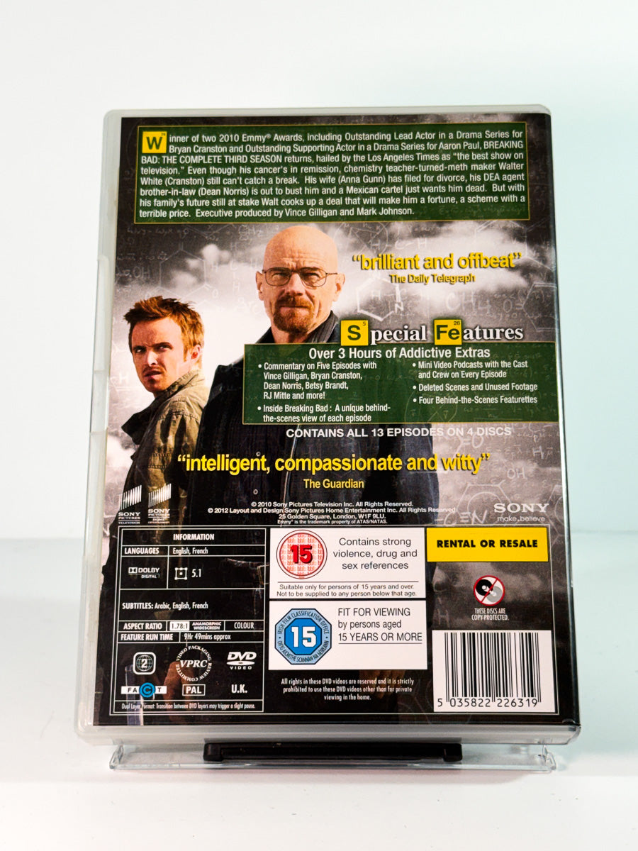 Bakside av cover til Breaking Bad – The Complete Third Season, bruktfilm på DVD hos Brukbar Film