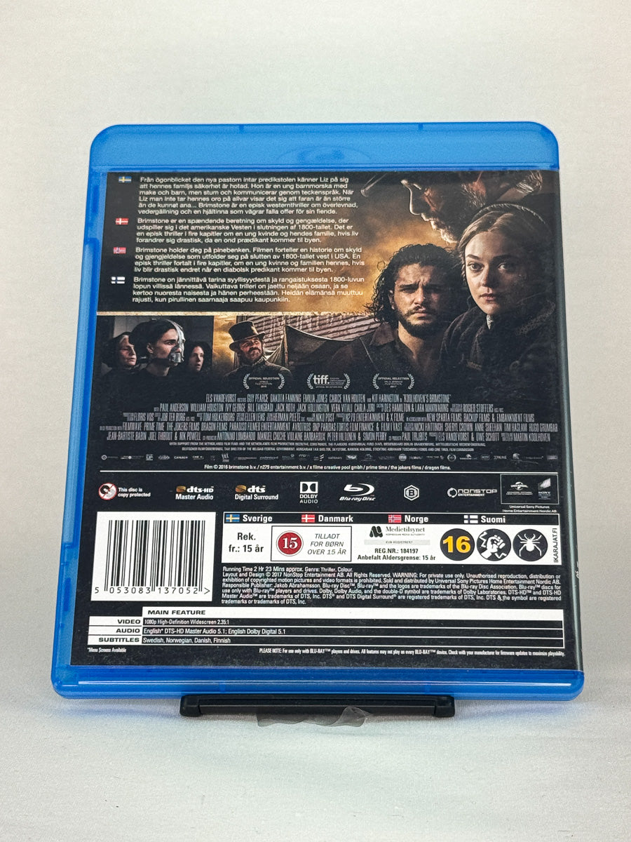 Bakside av Blu-ray-cover for Brimstone – brukt original Blu-ray thriller/western fra Brukbar Film