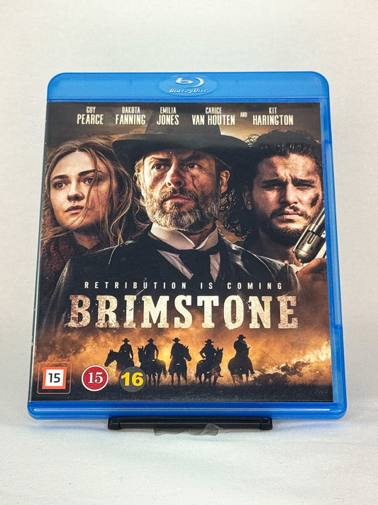 Forside av Blu-ray-cover til Brimstone – brukt westernthriller tilgjengelig hos Brukbar Film