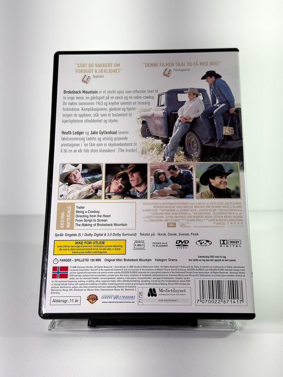 Bakside av cover til Brokeback Mountain, bruktfilm på DVD hos Brukbar Film