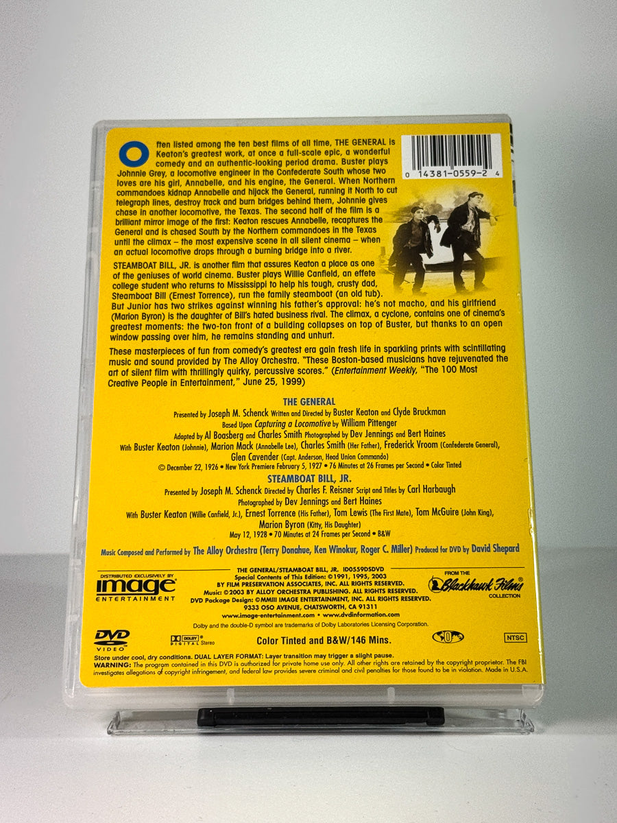 Bakside av cover til buster keaton double feature: the general / steamboat bill jr, bruktfilm hos nettbutikken Brukbar Film