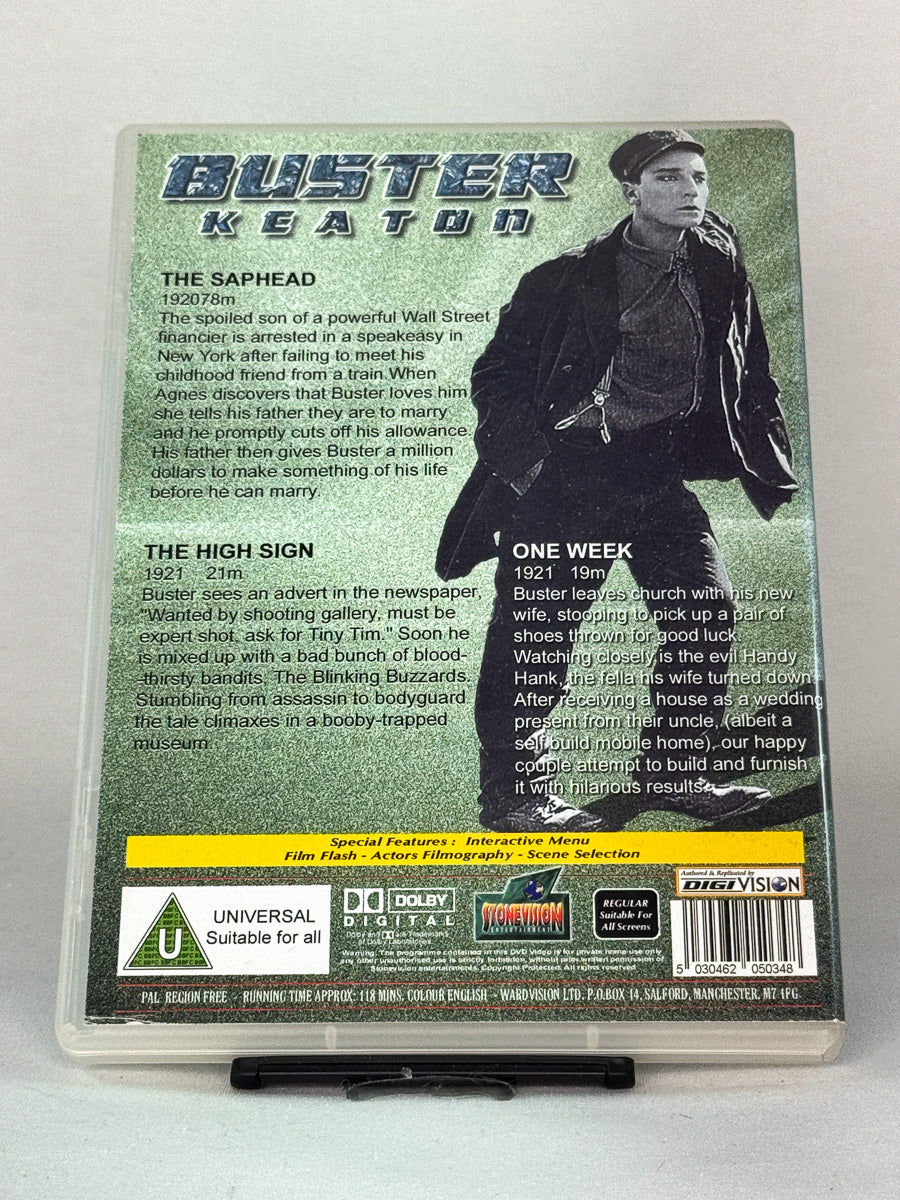 Bakside av DVD-cover til Buster Keaton Volume 3 – inneholder The Saphead, The High Sign og One Week, original brukt DVD hos Brukbar Film.