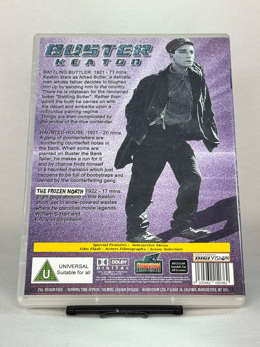 Bakside av DVD-cover til Buster Keaton Volume 5 – inneholder Battling Butler, The Frozen North og The Haunted House, original brukt DVD hos Brukbar Film.