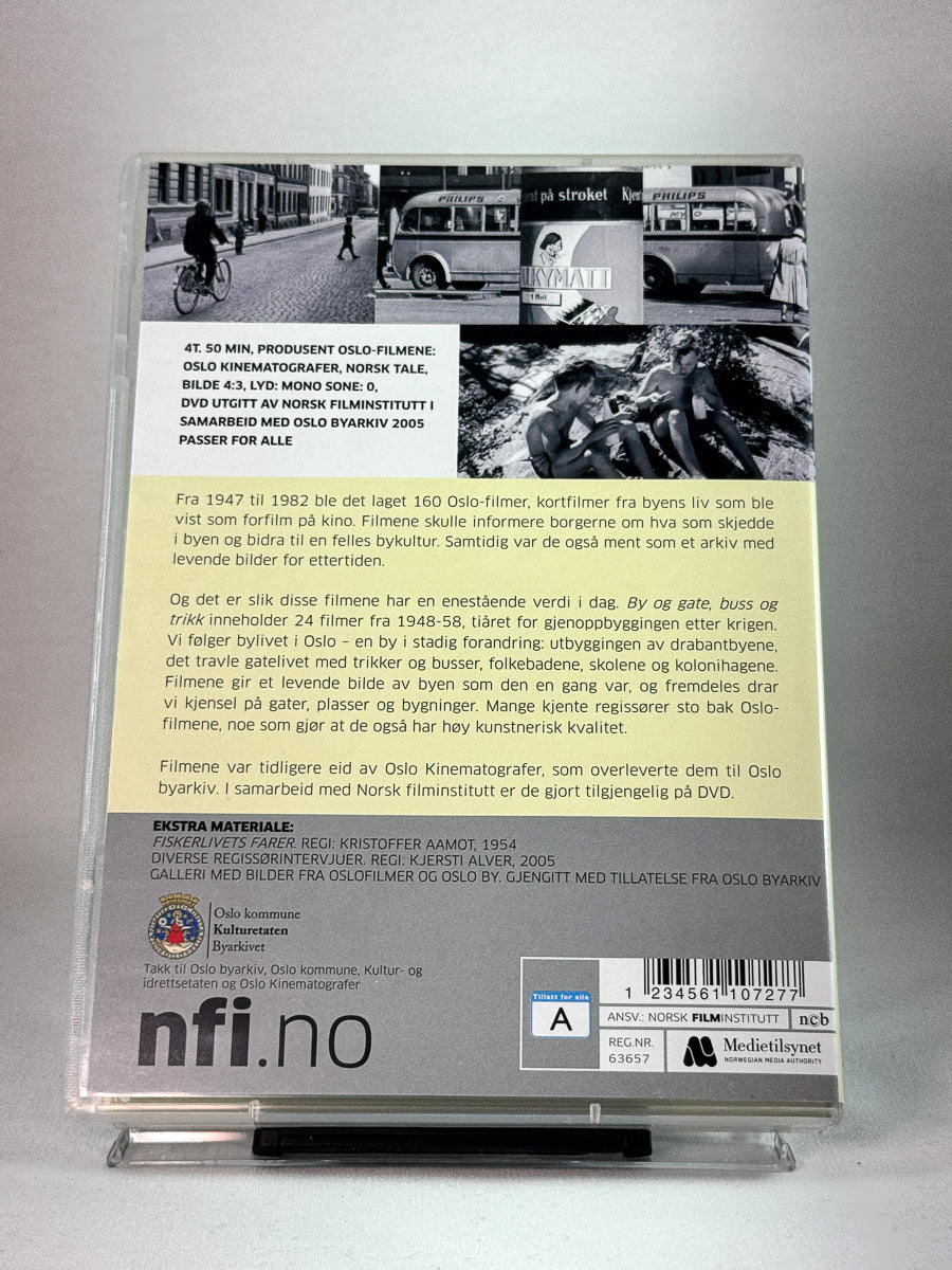 By og gate, buss og trikk – bakside av DVD-cover med informasjon om Oslo-filmer fra 1948–1958, brukt DVD hos Brukbar Film