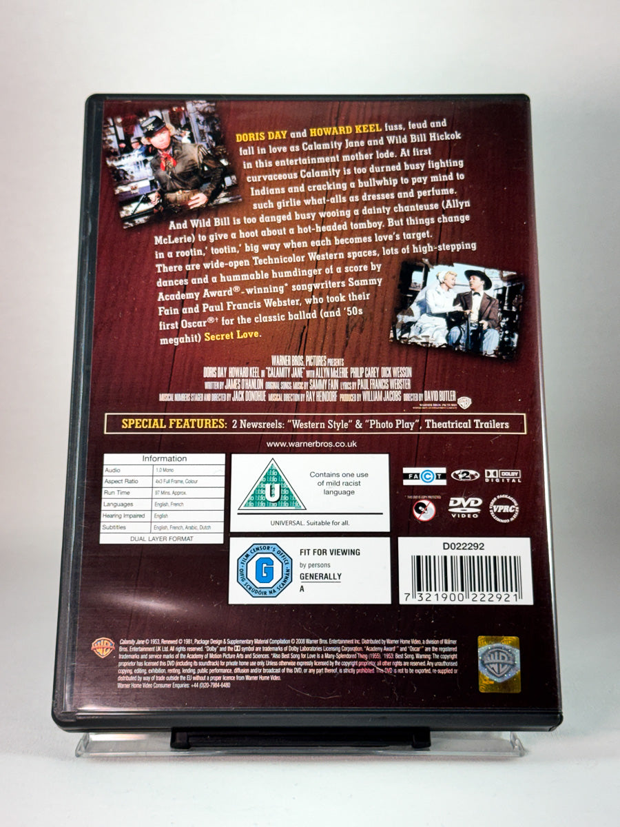 Bakside av cover til Calamity Jane, bruktfilm hos nettbutikken Brukbar Film
