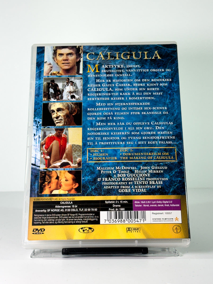 Bakside av cover til caligula, bruktfilm hos nettbutikken Brukbar Film