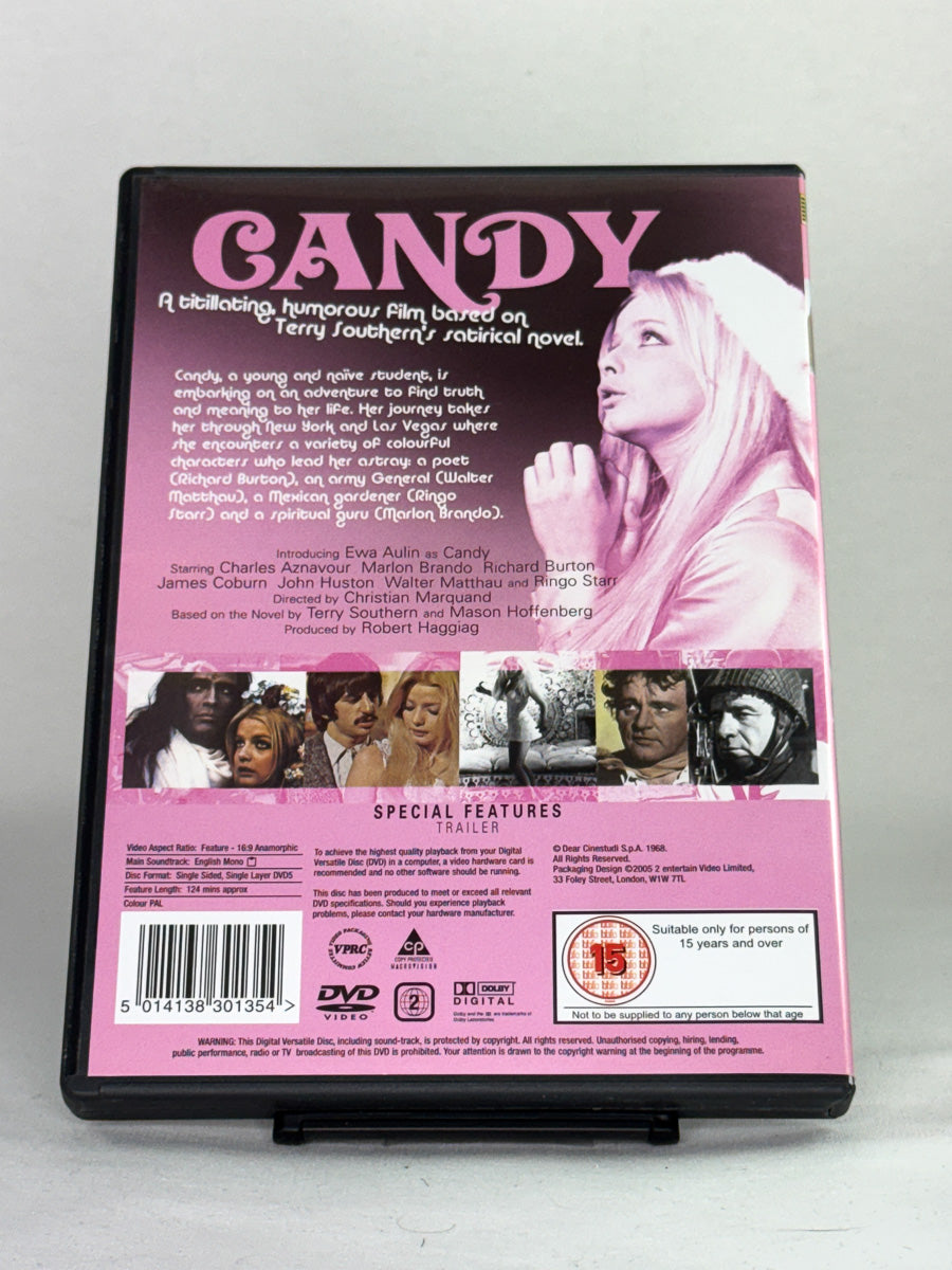 Bakside av brukt DVD-cover Candy – erotisk klassiker med Marlon Brando og Richard Burton, brukt film fra Brukbar Film