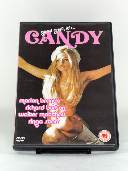 Forside av filmcover til Candy – brukt DVD med stjernespekket besetning, tilgjengelig i nettbutikken Brukbar Film