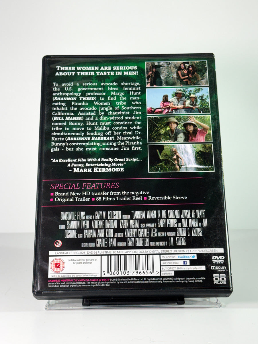Bakside av cover til Cannibal Women in the Avocado Jungle of Death, brukt original DVD hos Brukbar Film