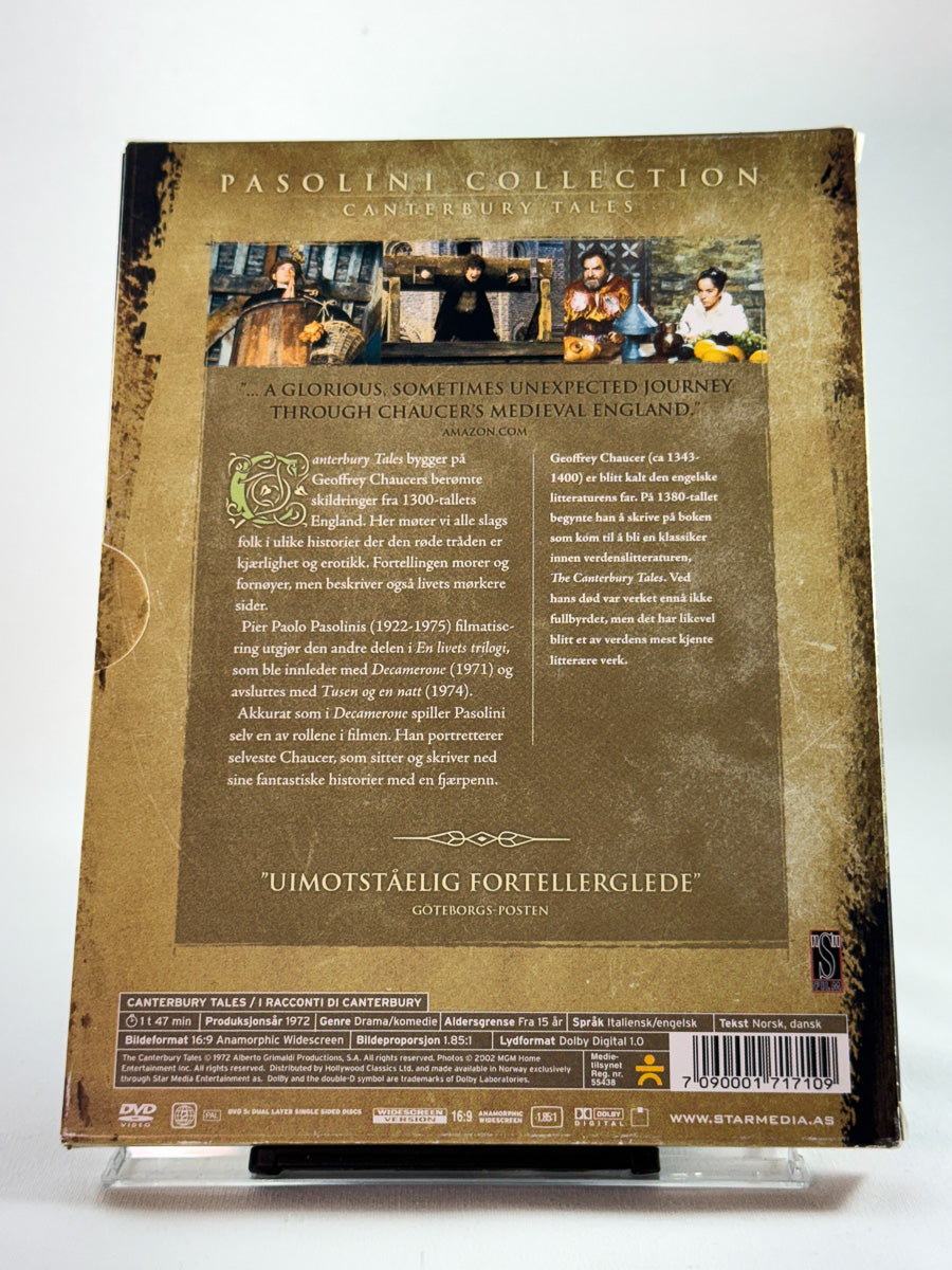 Bakside av DVD-cover for The Canterbury Tales med informasjon om Pasolinis prisbelønte og erotiske middelalderfortellinger, brukt DVD hos Brukbar Film