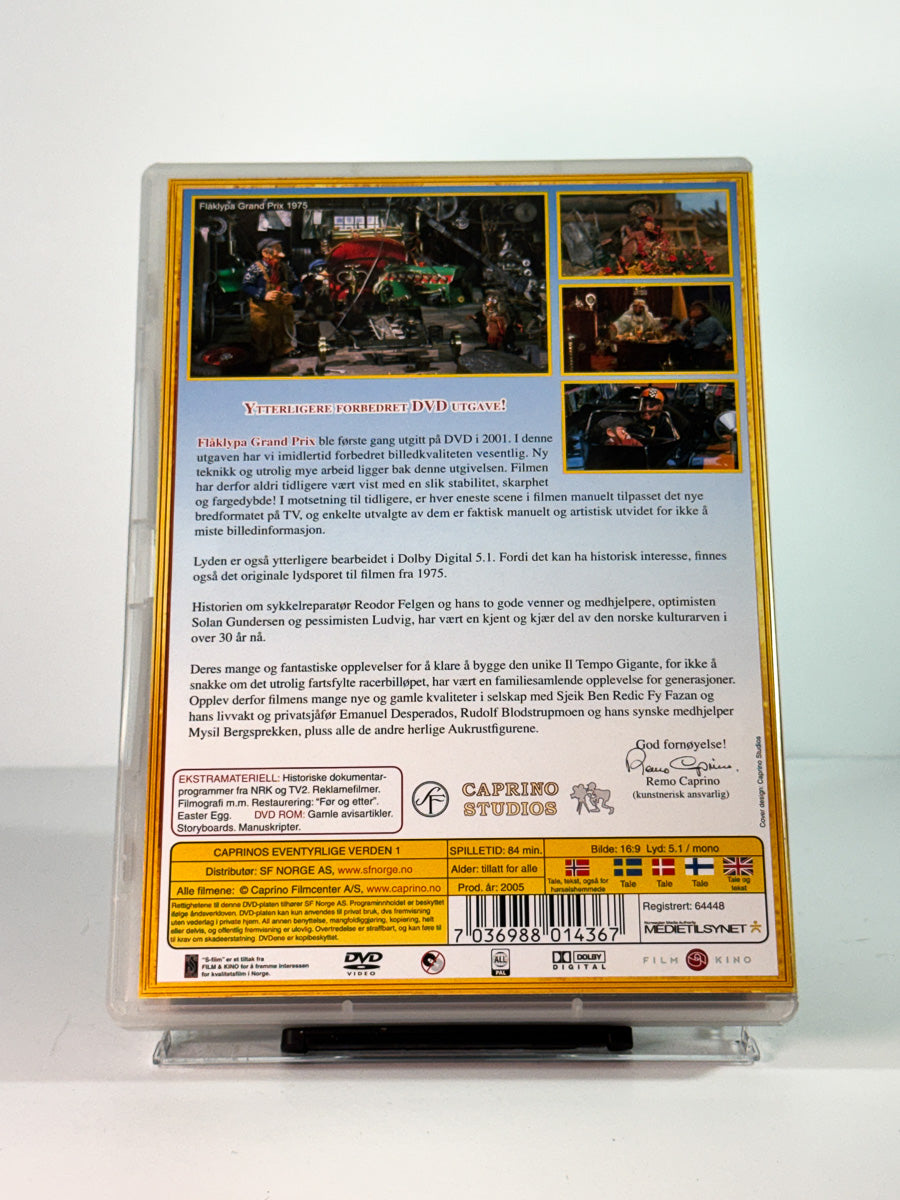 Bakside av cover til caprinos eventyrlige verden 1 – flåklypa grand prix, bruktfilm hos nettbutikken Brukbar Film