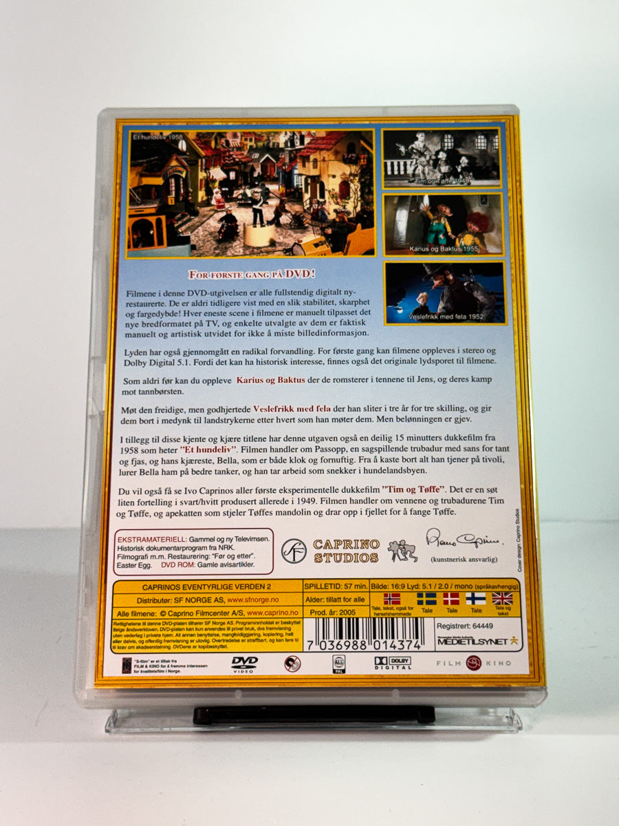Bakside av cover til caprinos eventyrlige verden 2 – karius og baktus et hundeliv tim og toffe veslefrikk med fela, brukt original DVD hos Brukbar Film