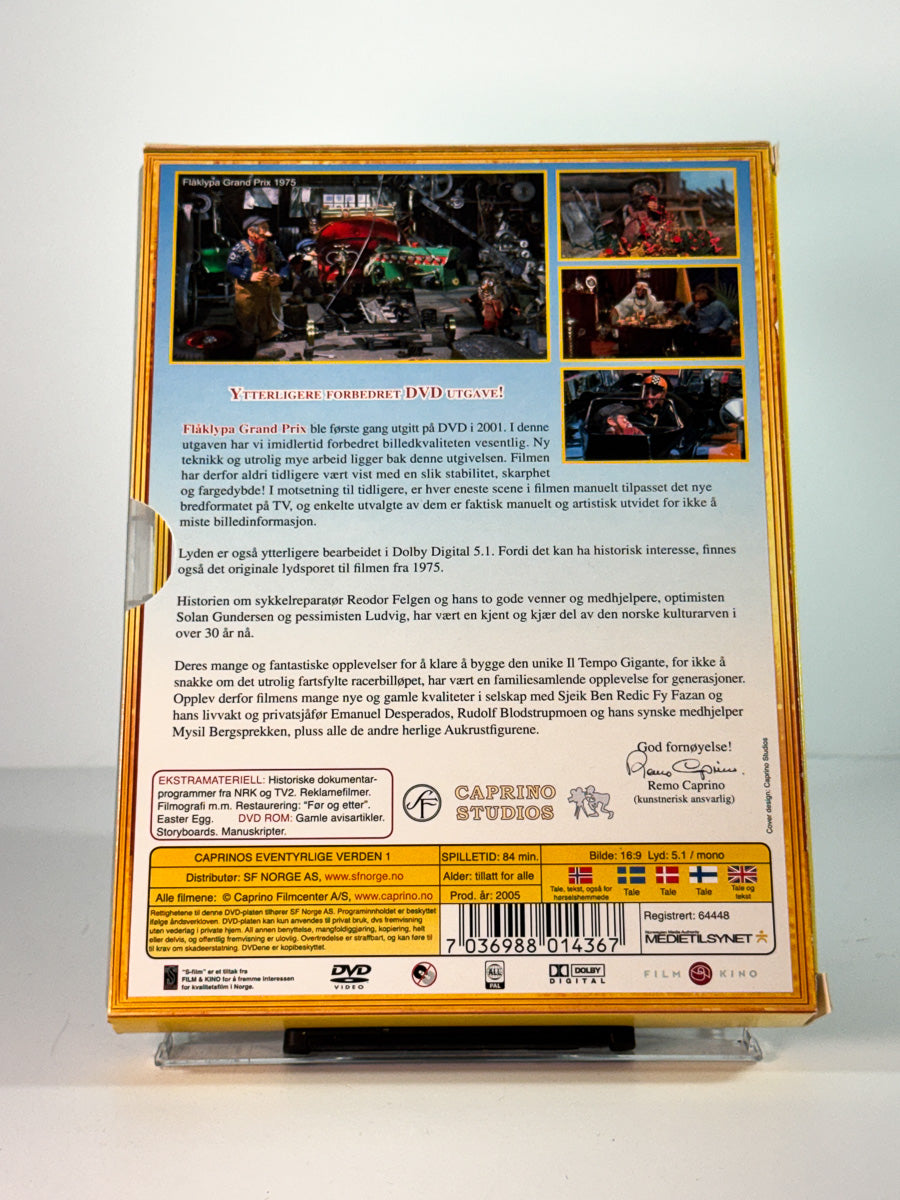 Bakside av slipcase cover til caprinos eventyrlige verden – flåklypa grand prix, brukt DVD hos Brukbar Film