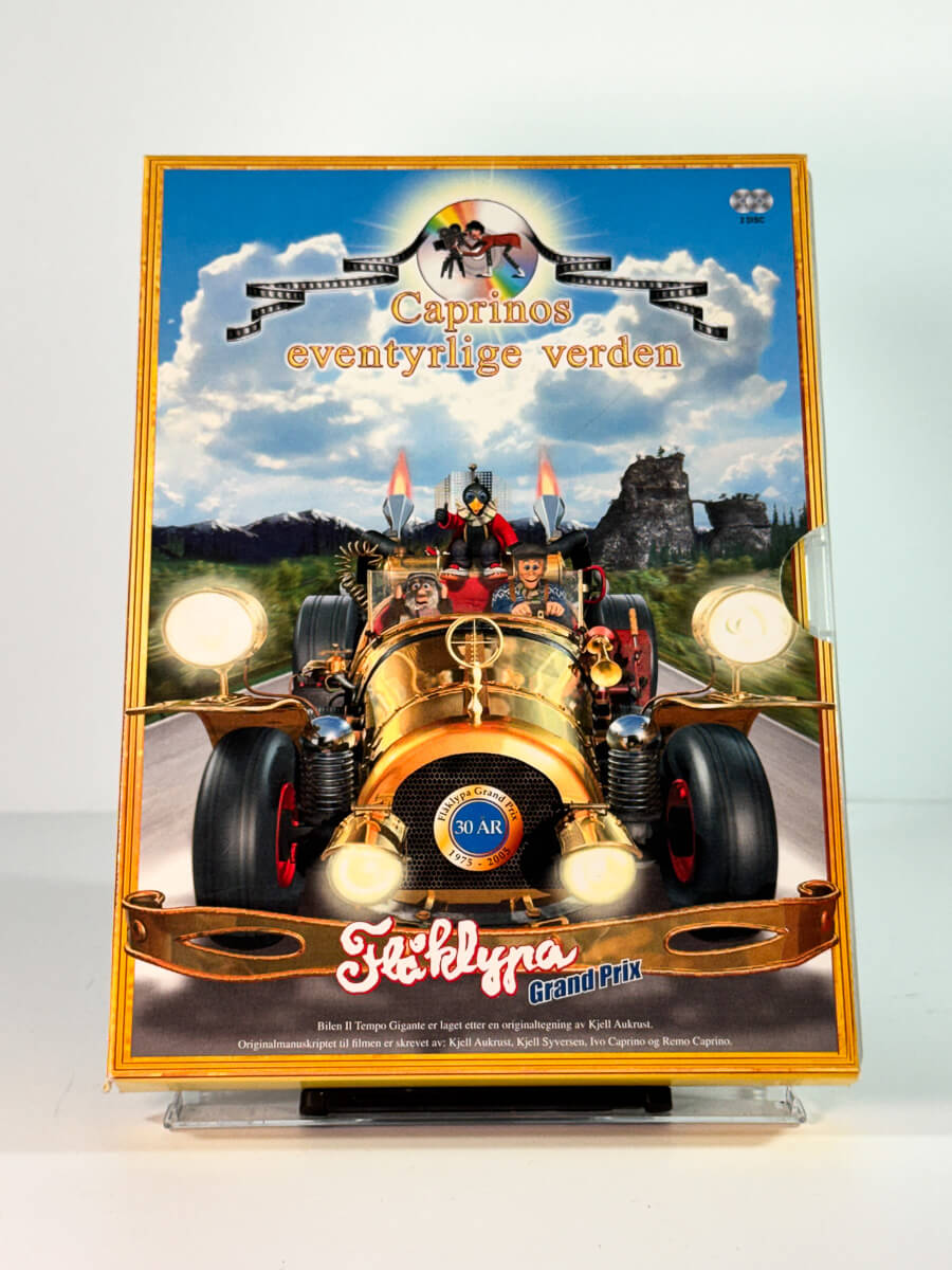 Forside av slipcase cover til caprinos eventyrlige verden – flåklypa grand prix, bruktfilm hos nettbutikken Brukbar Film 