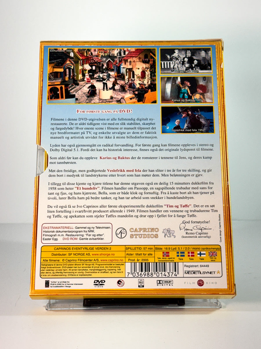 Bakside av slipcase cover til caprinos eventyrlige verden – karius og baktus et hundeliv tim og toffe veslefrikk med fela, brukt original DVD hos Brukbar Film