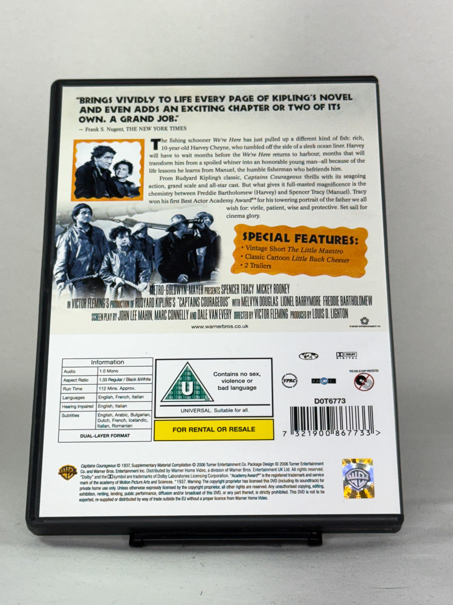 Bakside av DVD-cover for Captains Courageous – brukt eventyrklassiker på DVD, tilgjengelig hos Brukbar Film.