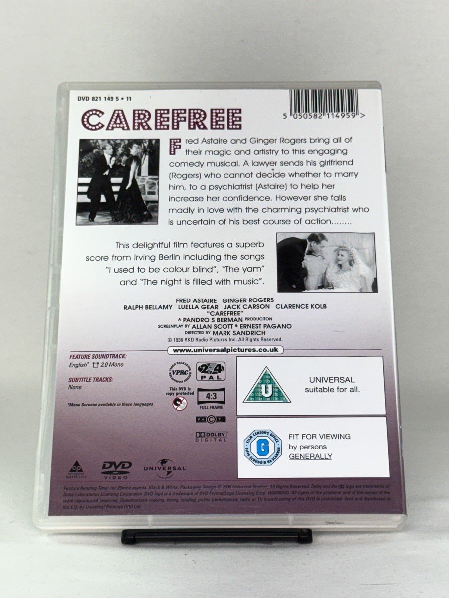 Bakside av DVD-cover til Carefree – brukt DVD med spesifikasjoner og omtale, originalt baksideomslag fra Brukbar Film