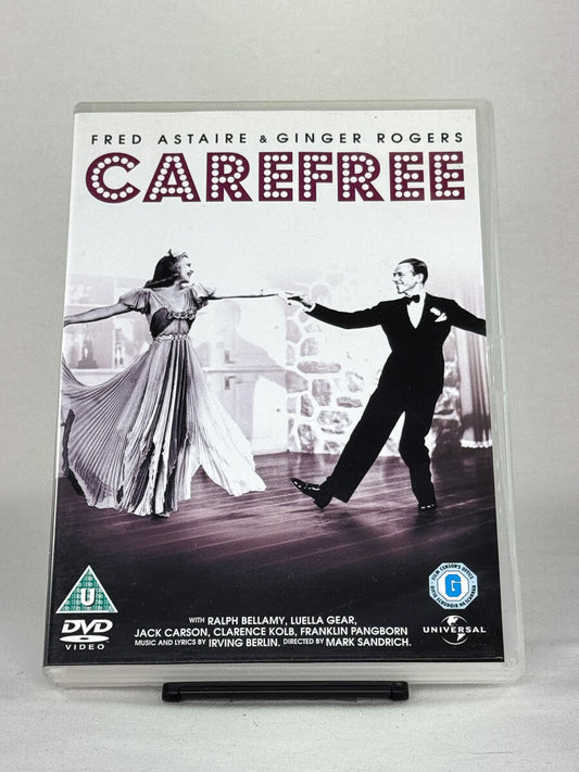 Forside av DVD-cover til Carefree – musikalsk klassiker med Fred Astaire og Ginger Rogers, brukt film hos Brukbar Film