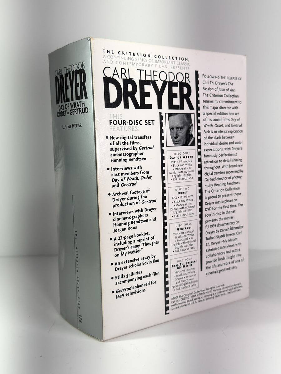 Bakside av cover til samleboks med Carl Th. Dreyer – Day of Wrath • Ordet • Gertrud • My Metier, brukt original DVD hos Brukbar Film
