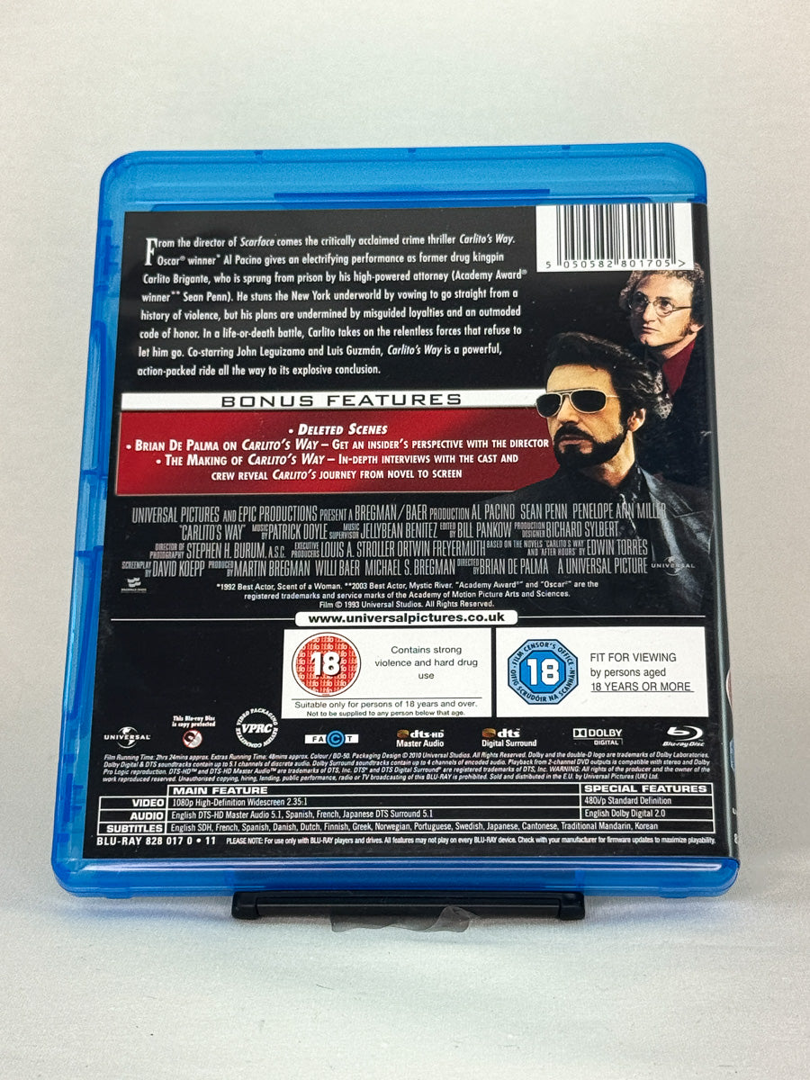 Bakside av Blu-ray-cover til Carlito’s Way – brukt original Blu-ray-film tilgjengelig hos Brukbar Film.