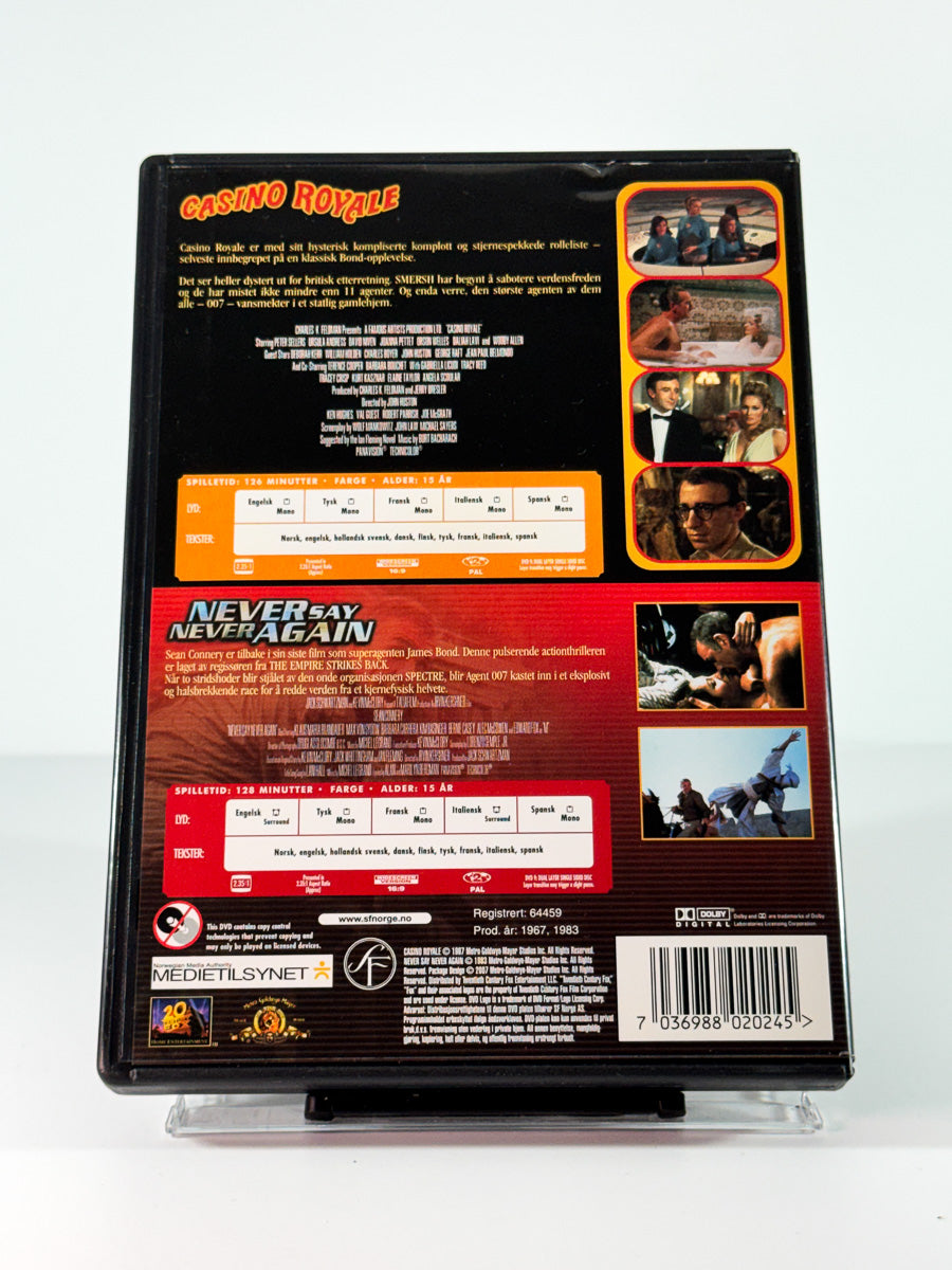 Bakside av cover til Casino Royale / Never Say Never Again, bruktfilm hos nettbutikken Brukbar Film