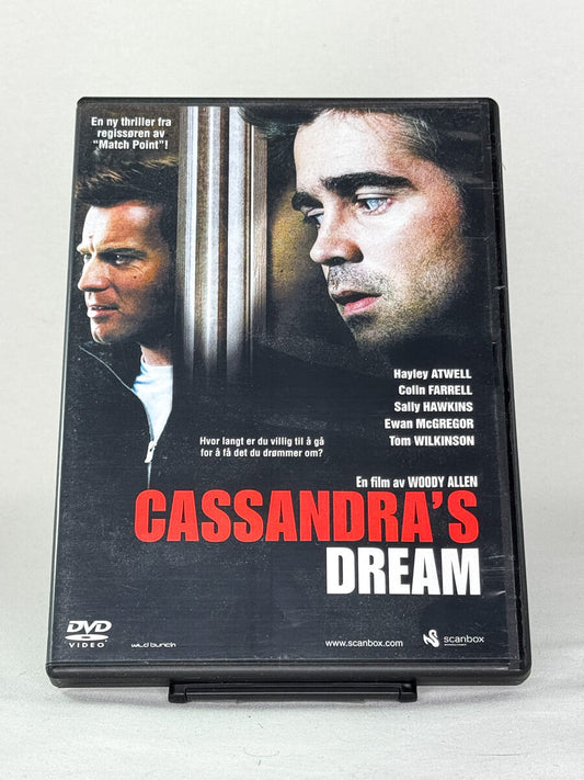 Forside av DVD-cover til Cassandra’s Dream – thriller av Woody Allen med Colin Farrell og Ewan McGregor, tilgjengelig hos Brukbar Film.