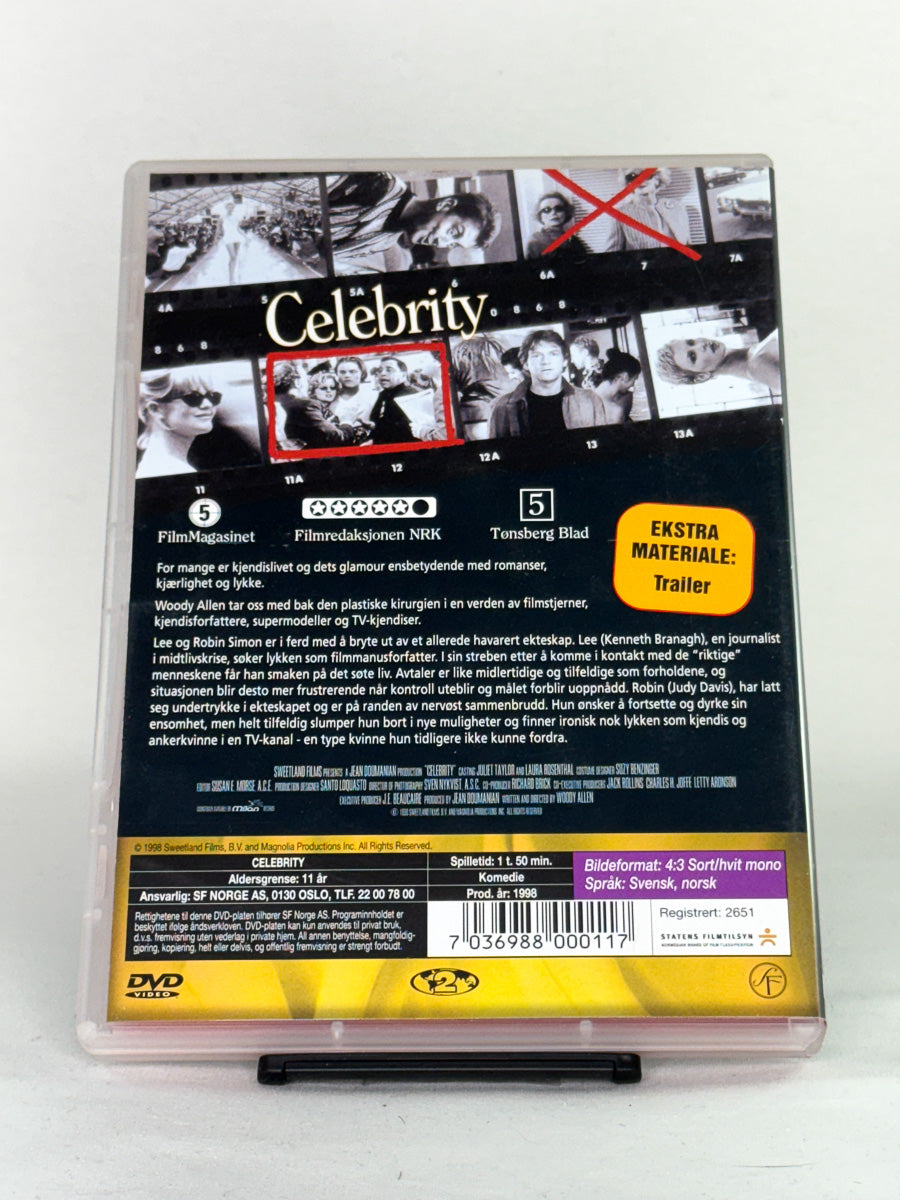 DVD-bakside til filmen Celebrity
Baksiden viser info, spesifikasjoner og eventuell ekstratekst – produktbilde fra nettbutikken Brukbar Film