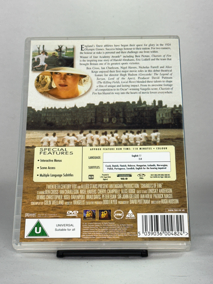 Bakside av DVD-cover til Chariots of Fire – brukt DVD med beskrivelse og filmfakta, fra Brukbar Film