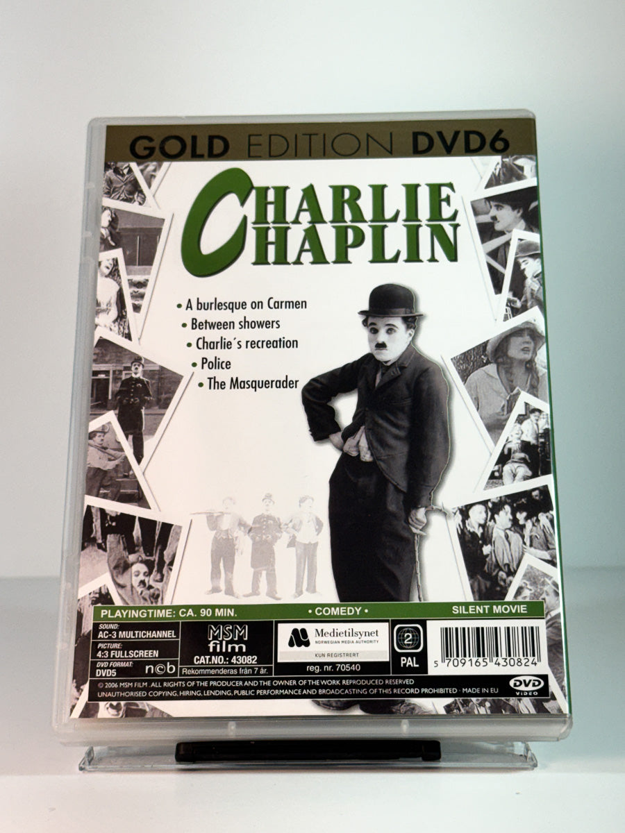 Bakside av cover til Charlie Chaplin Gold Edition DVD6, bruktfilm på DVD hos Brukbar Film