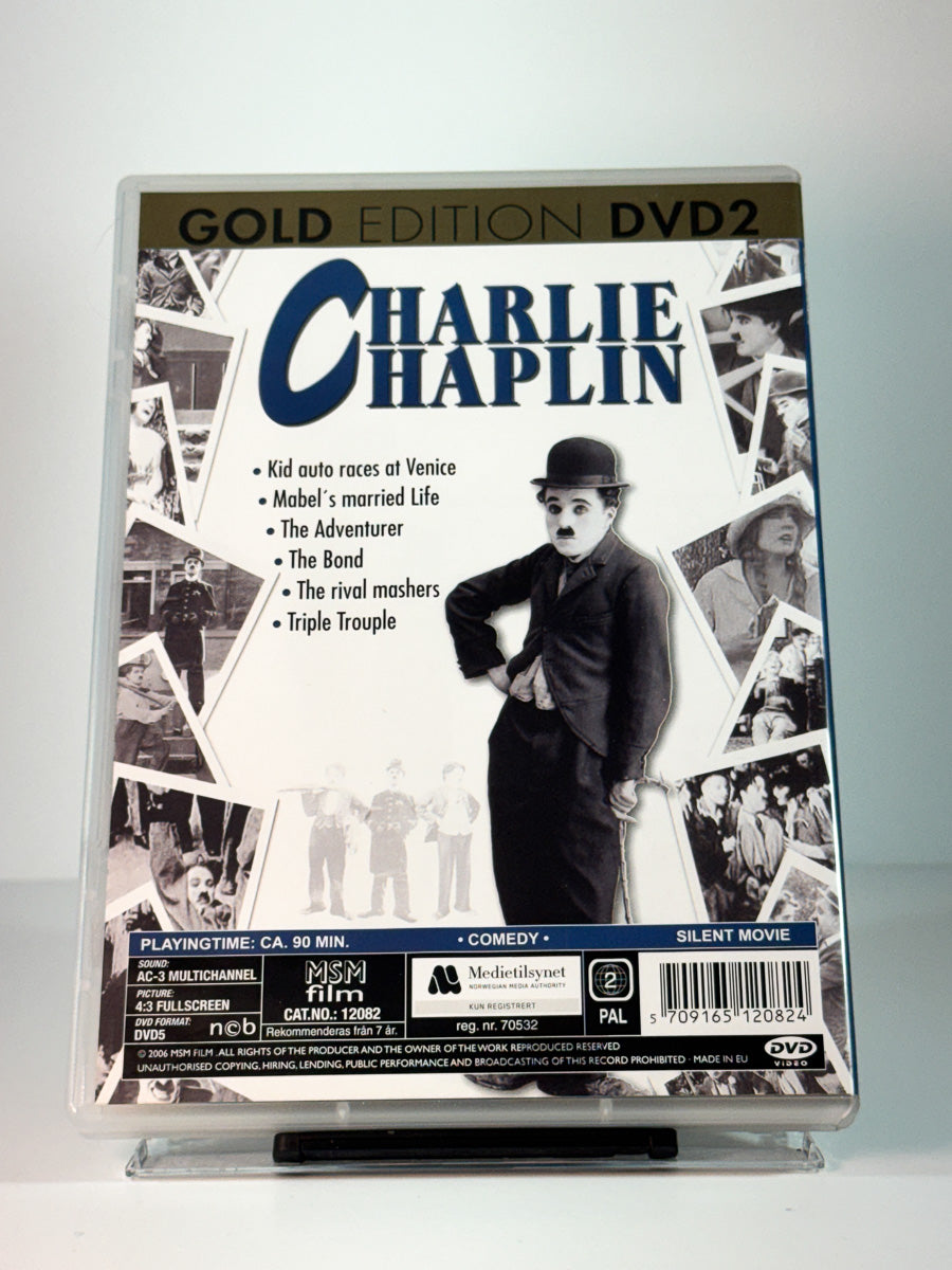 Bakside av cover til Charlie Chaplin Gold Edition DVD2, brukt original DVD hos Brukbar Film