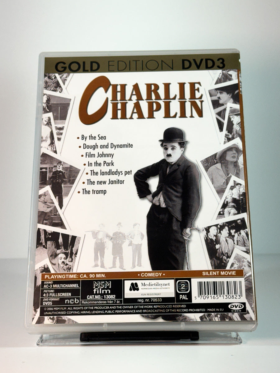 Bakside av cover til Charlie Chaplin Gold Edition DVD3, brukt DVD hos Brukbar Film