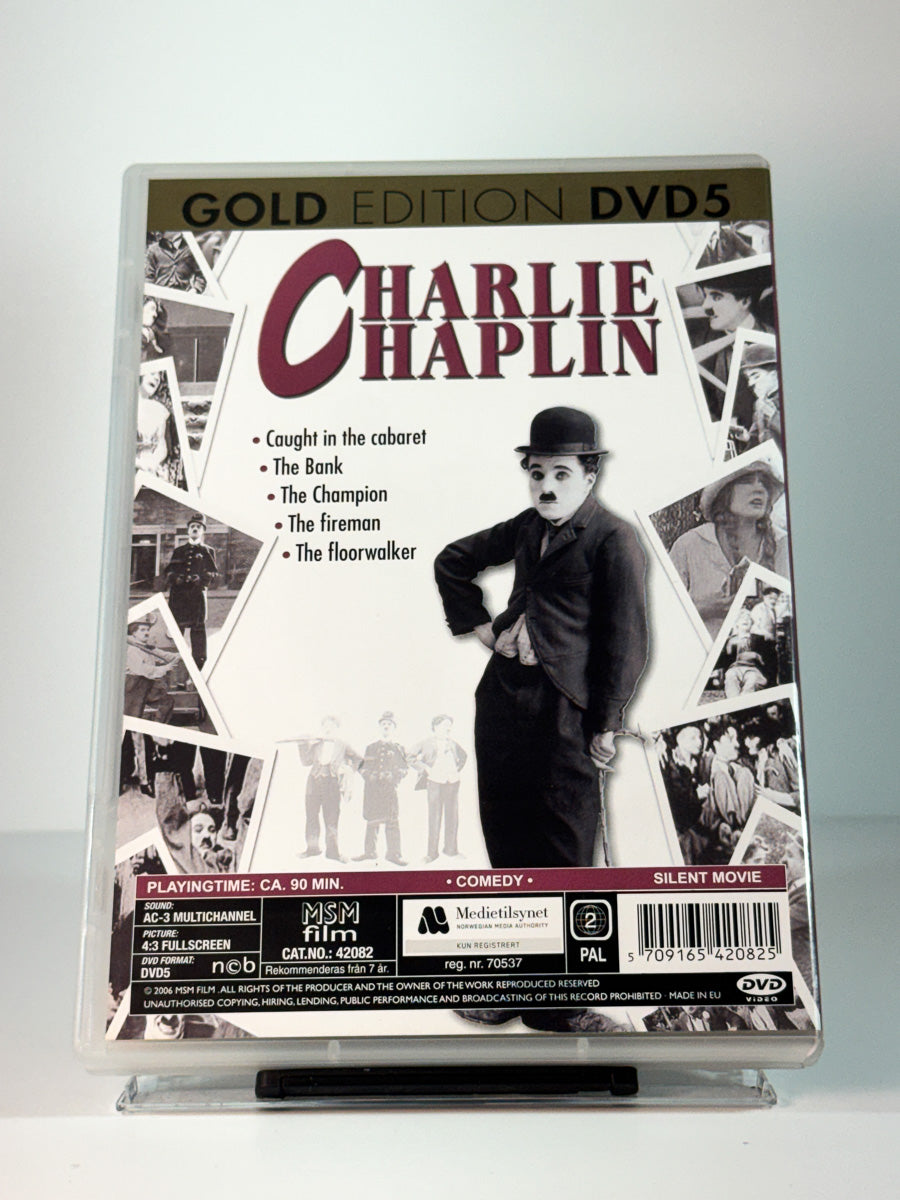 Bakside av cover til Charlie Chaplin Gold Edition DVD5, brukt original DVD hos Brukbar Film 