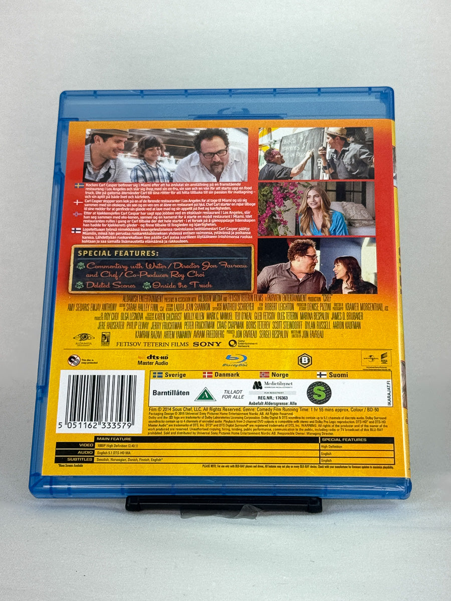 Bakside av Blu-ray-cover for Chef – brukt Blu-ray-film i originalutgave, selges hos Brukbar Film.