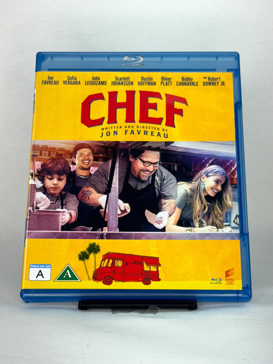 Forside av Blu-ray-cover til Chef – brukt feelgood-film på Blu-ray med Jon Favreau, tilgjengelig fra Brukbar Film.