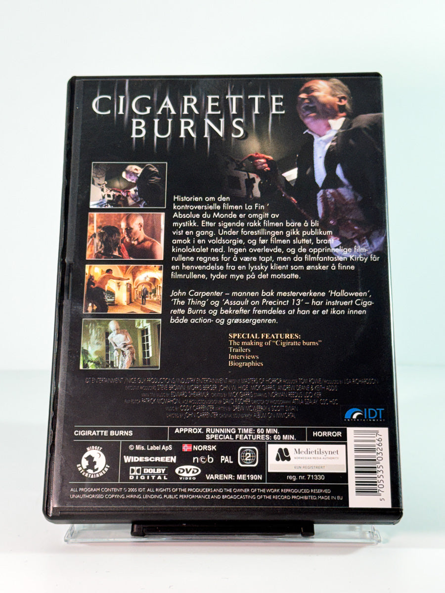 Bakside av cover til cigarette burns, brukt DVD hos Brukbar Film