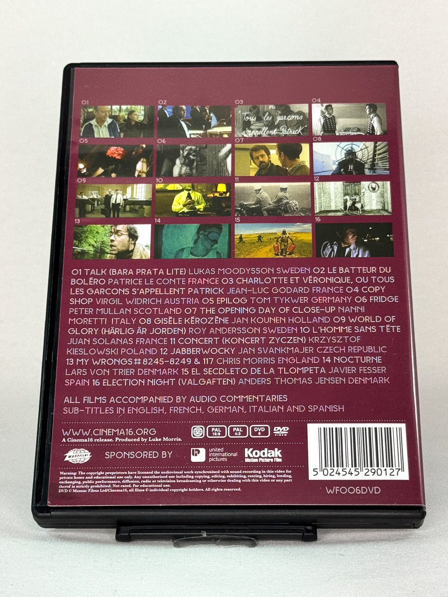 Bakside av DVD-cover til Cinema 16: European Short Films – unikt utvalg med kommentarer fra regissørene selv, original brukt DVD hos Brukbar Film.