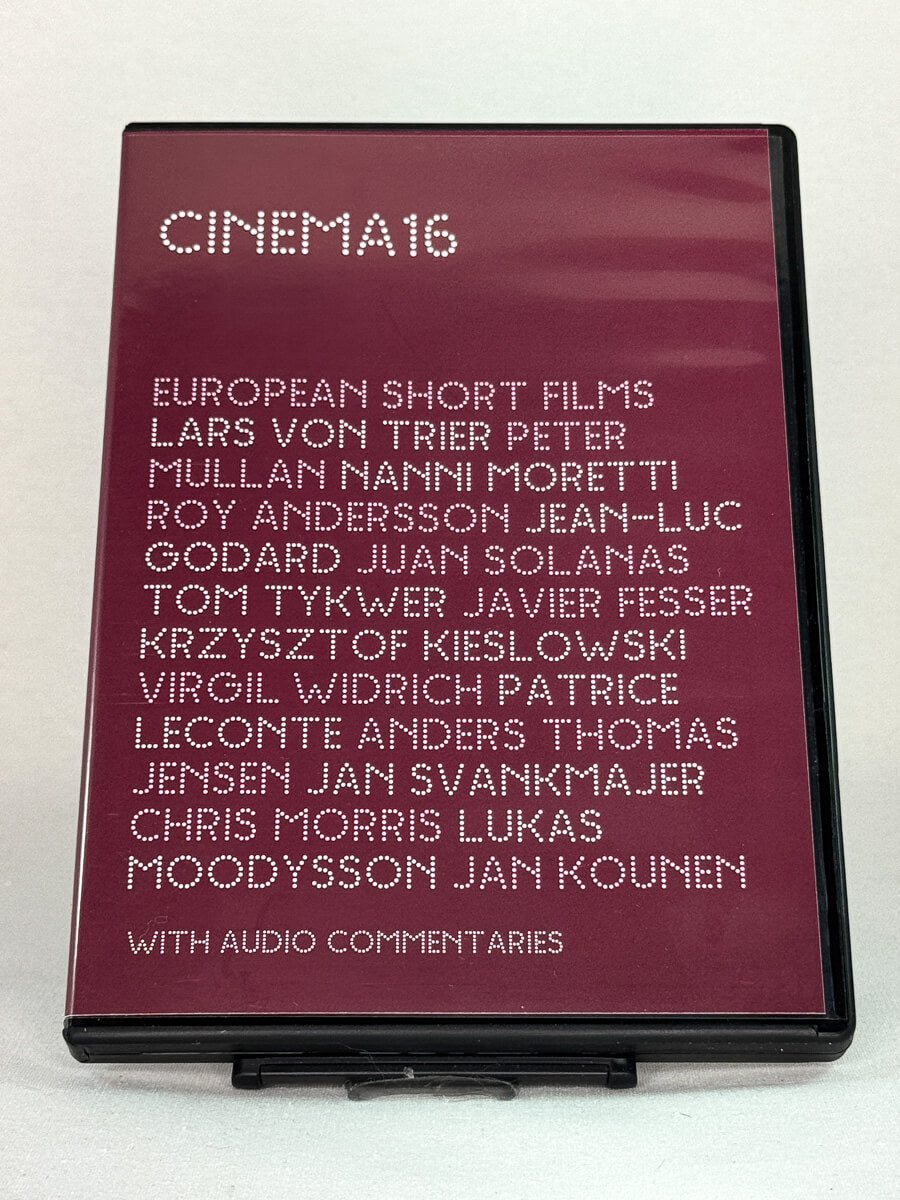 Forside av DVD-cover til Cinema 16: European Short Films – samling av europeiske kortfilmer med Lars von Trier, Roy Andersson og Krzysztof Kieslowski, brukt DVD hos Brukbar Film.