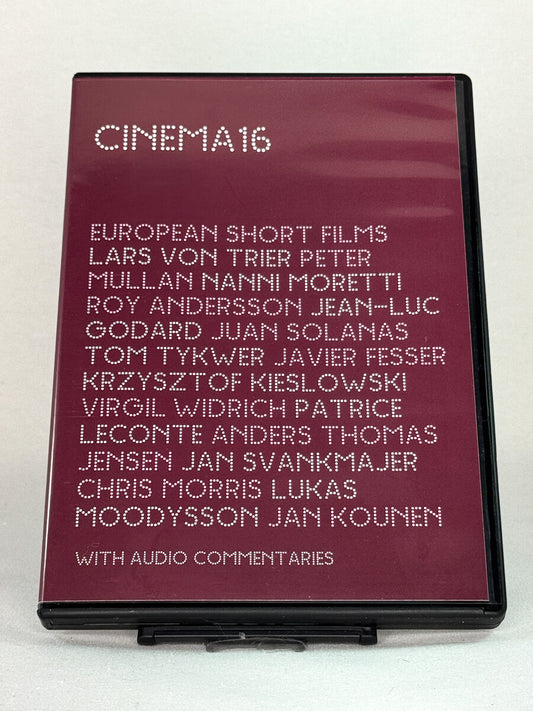 Forside av DVD-cover til Cinema 16: European Short Films – samling av europeiske kortfilmer med Lars von Trier, Roy Andersson og Krzysztof Kieslowski, brukt DVD hos Brukbar Film.