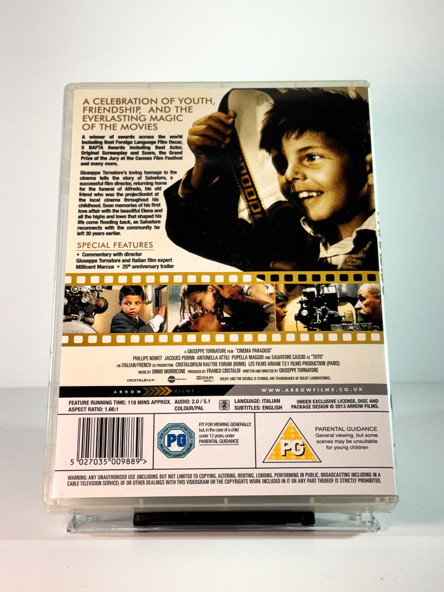 Bakside av cover til Cinema Paradiso, bruktfilm hos nettbutikken Brukbar Film