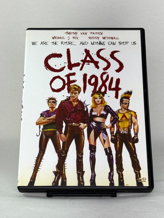 Forside av DVD-cover til Class of 1984 – kultfilm fra 80-tallet med Michael J. Fox og Roddy McDowall, brukt film hos Brukbar Film