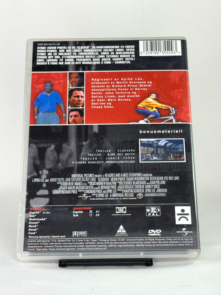 Bakside av Clockers – intens historie fra New Yorks gater om valg og konsekvenser, brukt DVD-utgave fra Brukbar Film.