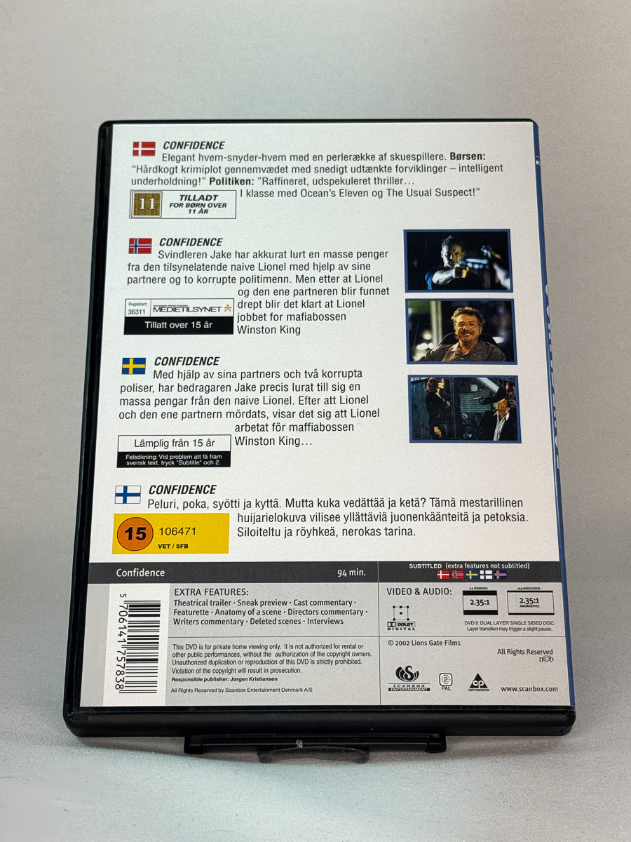 Bakside av DVD-cover til Confidence, brukt original DVD hos Brukbar Film
