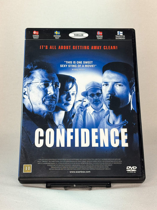 Forside av DVD-cover til Confidence, bruktfilm på DVD hos Brukbar Film