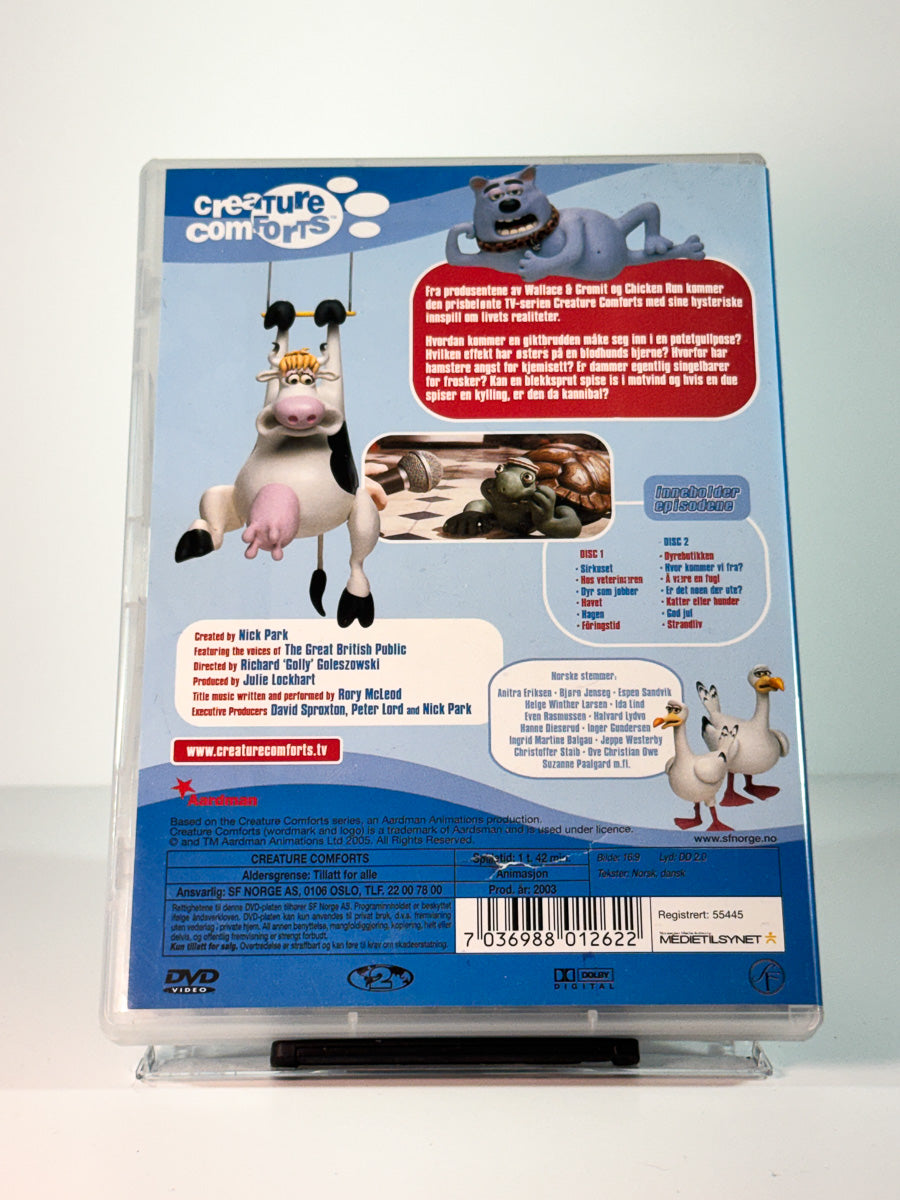 Bakside av cover til Creature Comforts, brukt original DVD hos Brukbar Film