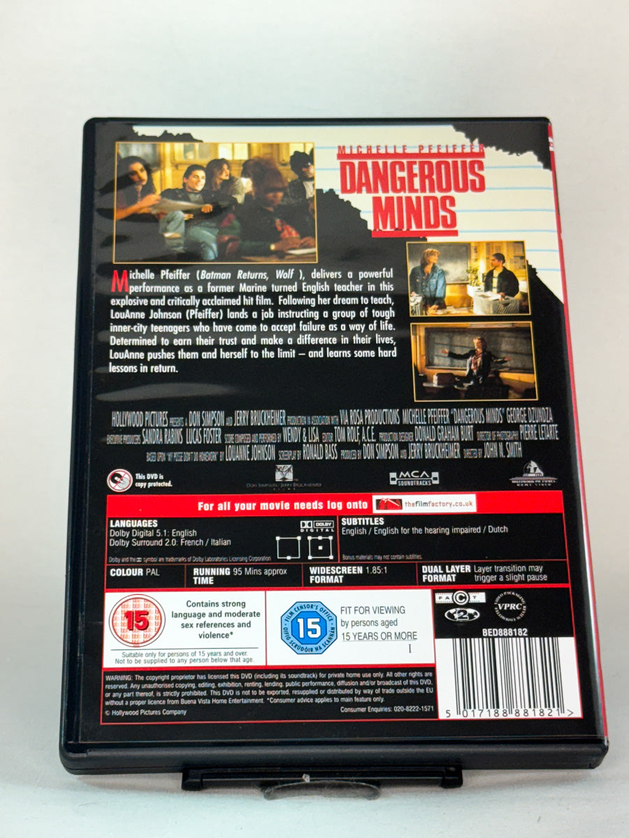 Bakside av DVD-cover til Dangerous Minds, bruktfilm hos nettbutikken Brukbar Film