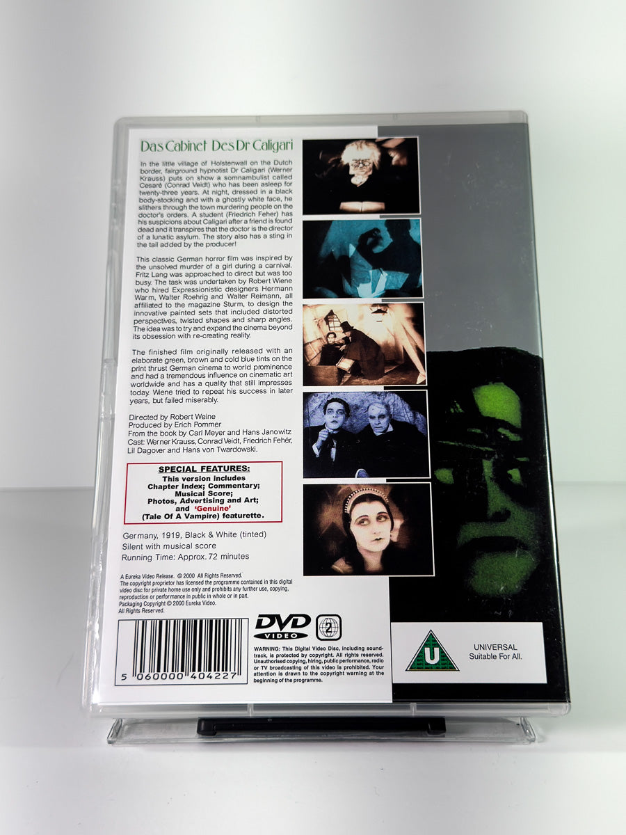 Bakside av cover til Das Cabinet Des Dr Caligari, bruktfilm på DVD hos Brukbar Film