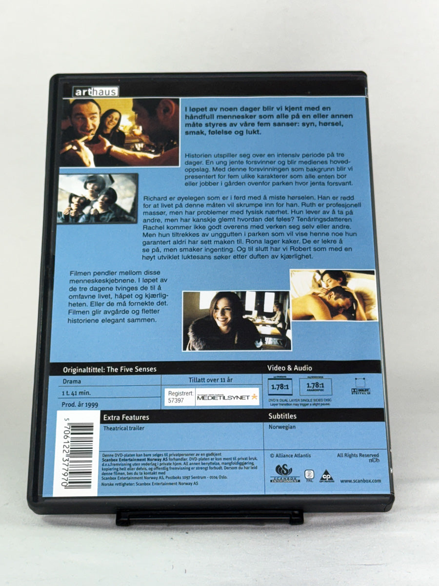 Bakside av DVD-cover til De fem sansene – brukt DVD med omtale, spesifikasjoner og festivalutvalg, original fra Brukbar Film